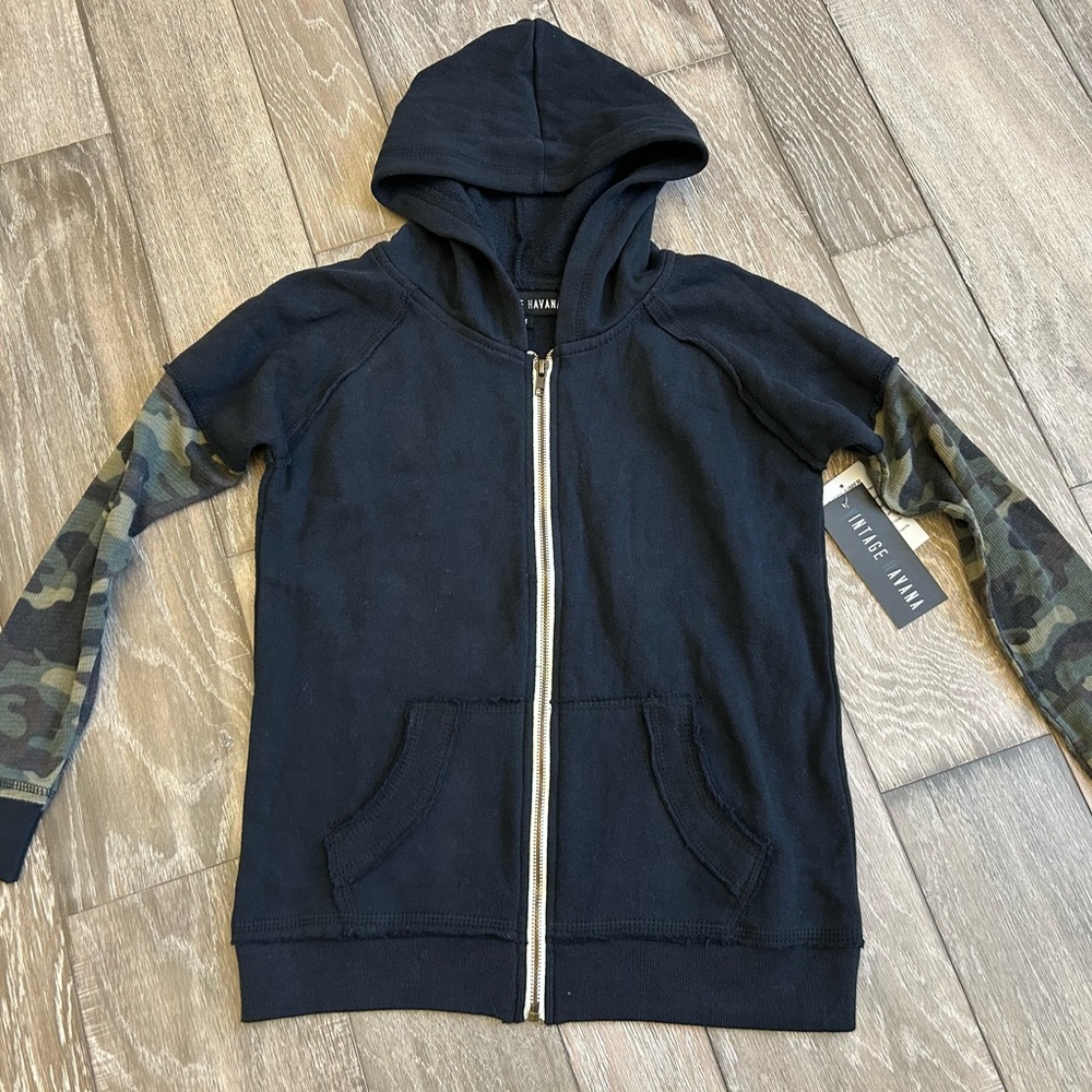 Black Camo Sleeve Kids Zip Up Hoodie